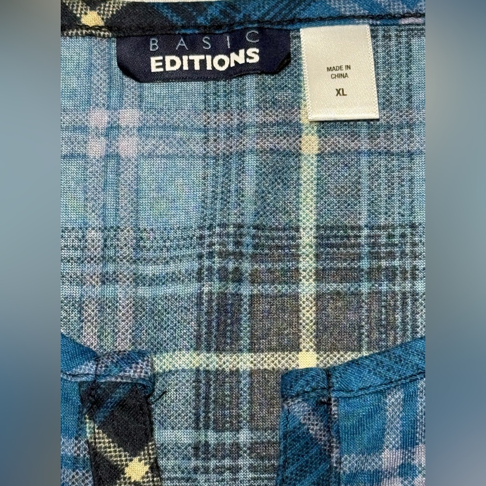 Basic Editions Blue Plaid Tunic 3/4 Sleeve V-Neck Faux Button Front - Size XL - Picture 6 of 8